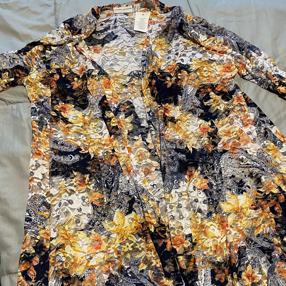New susan graver light weight lace jacket cardigan navy orange paisley